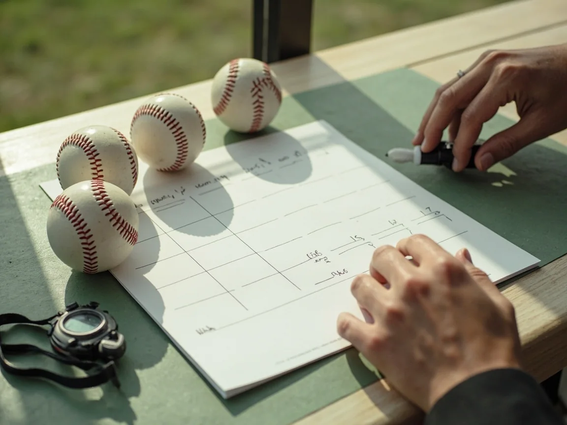 A printed pitching rotation board on a wooden table with magnets and pencil marks for stream spots.