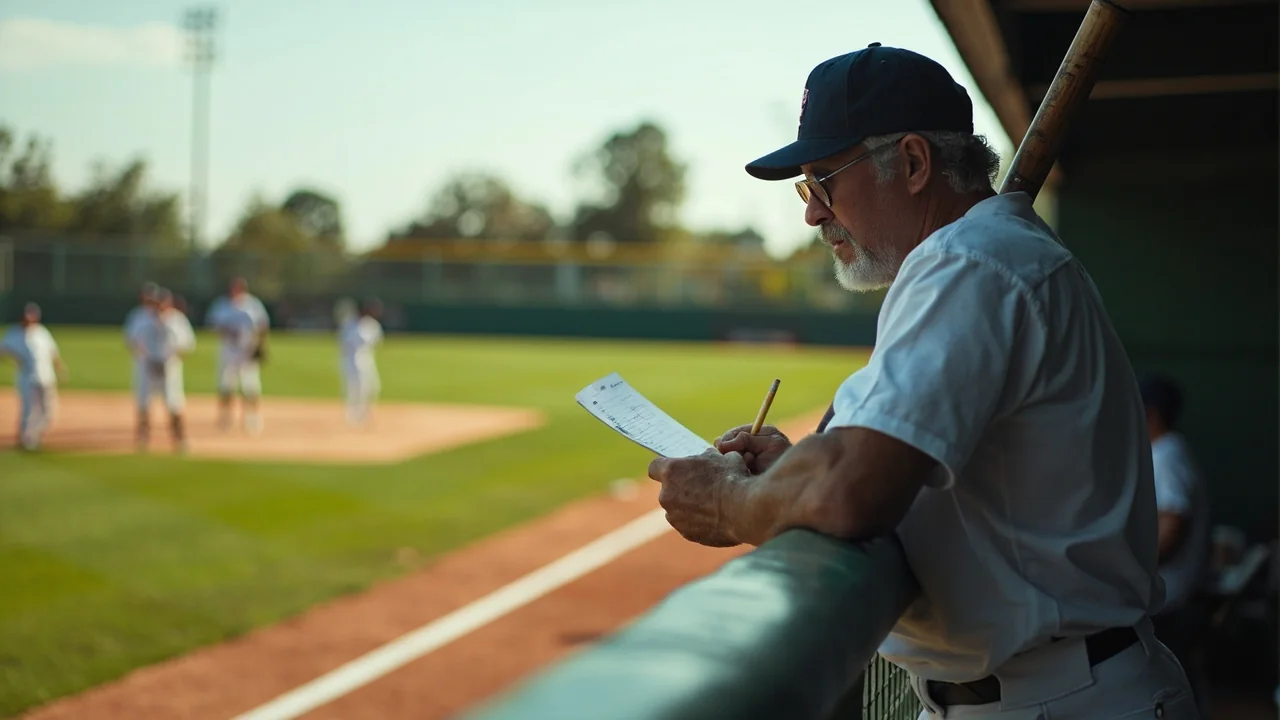 A baseball dugout at dusk with scorecards and a notebook on the bench rail.