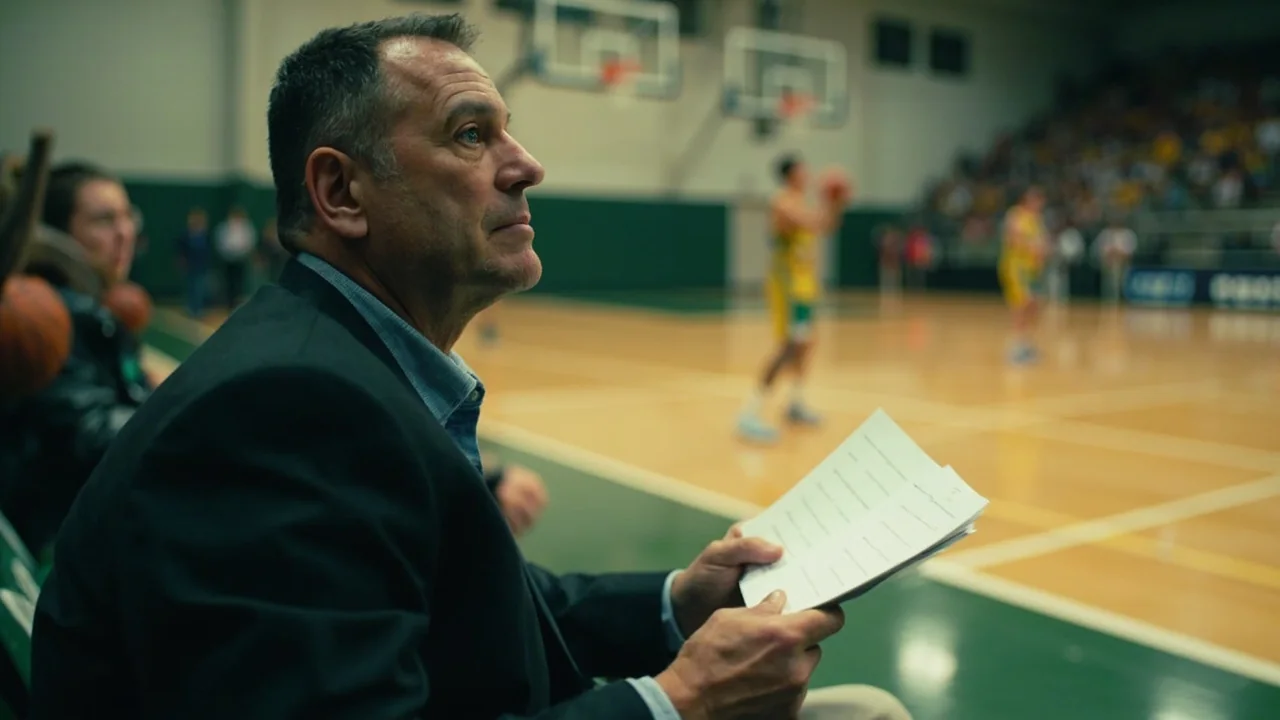 A basketball court from the sideline with a clipboard of stats in the foreground.