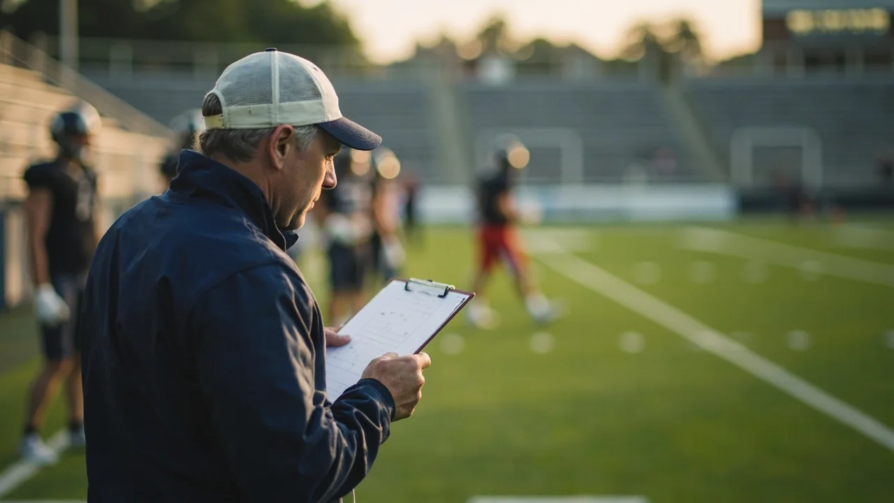 A recreational football coach on a quiet sideline reviewing formation cards before kickoff.