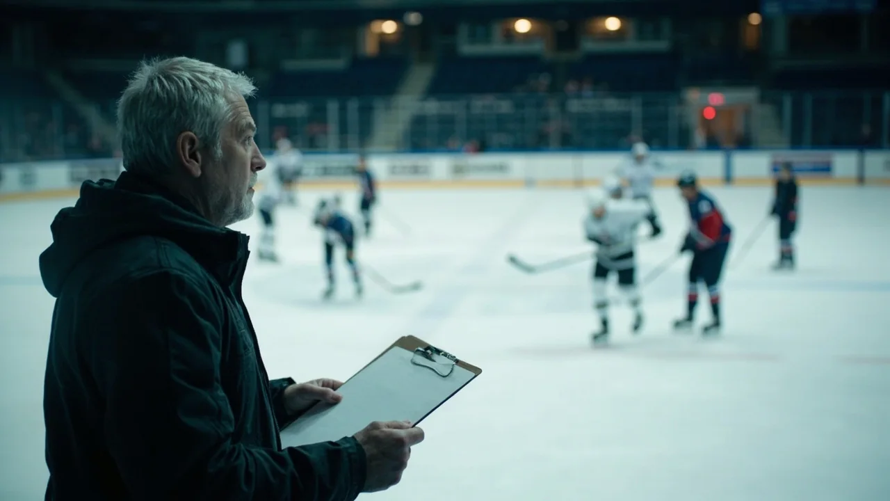 A hockey rink from the boards with a plain clipboard and a thermos on the ledge.
