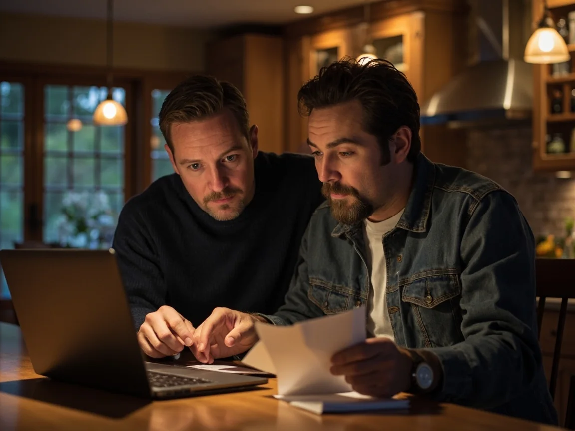 Two managers at a kitchen table comparing a printed trade block list against a fantasy roster sheet.