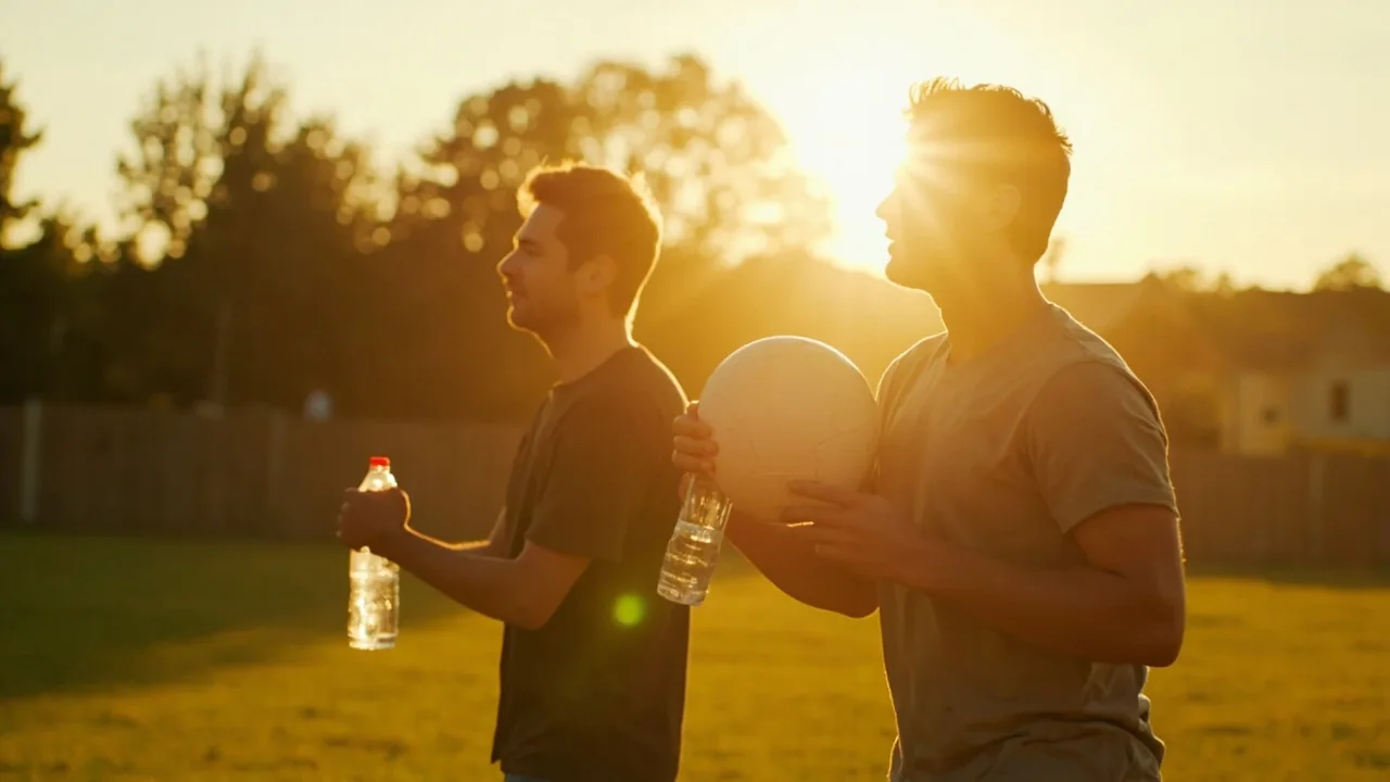 Two friends closing a laptop after reviewing a fantasy league, walking onto a neighborhood playing field at golden hour carrying a plain ball and water bottles.